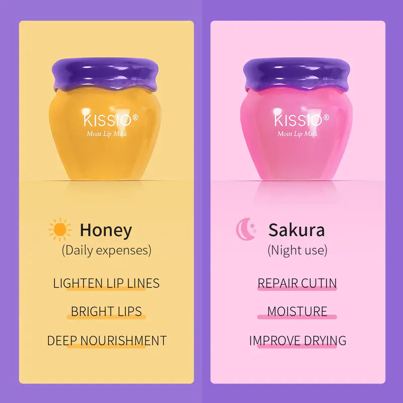 Lip Mask,Honey and Sakura Lip Mask Set,Repair Lips Day and Night,Plant Extract,Lip Mask Overnight,Hydrating Lip Balm(2 Pcs)