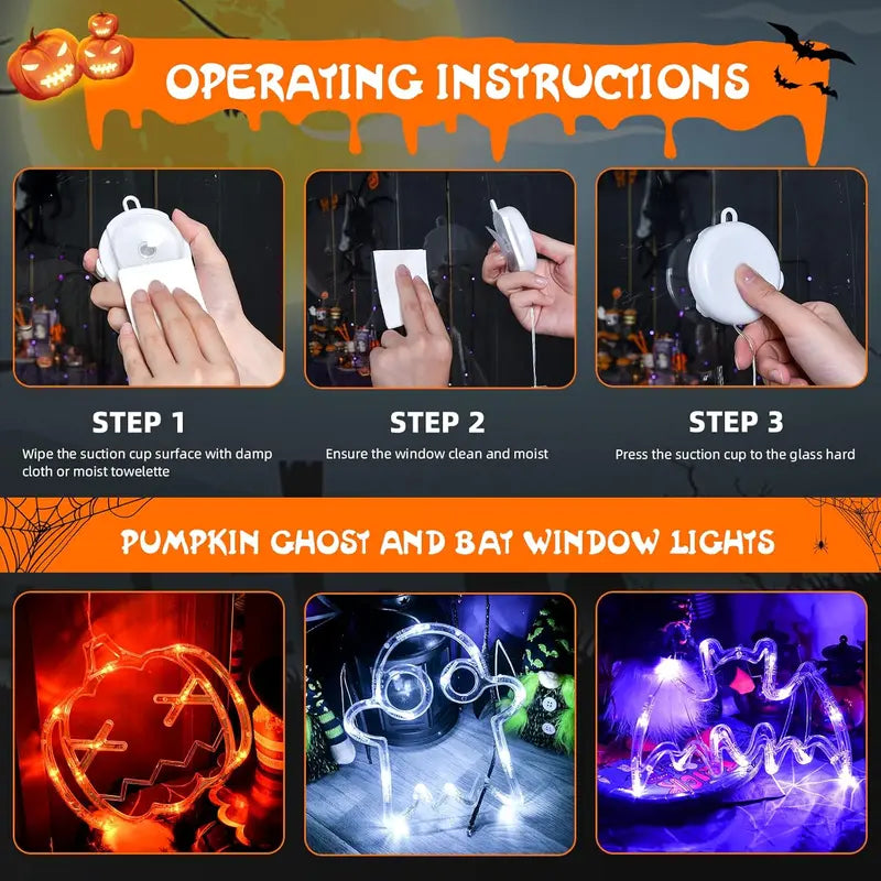 Lolstar Halloween Decorations 3 Pack Orange Pumpkin, White Ghost, Purple Bat Halloween Window Lights with Suction Cup, Battery Operated Halloween Lights, Upgrade Slow Fade Mode and Timer Function